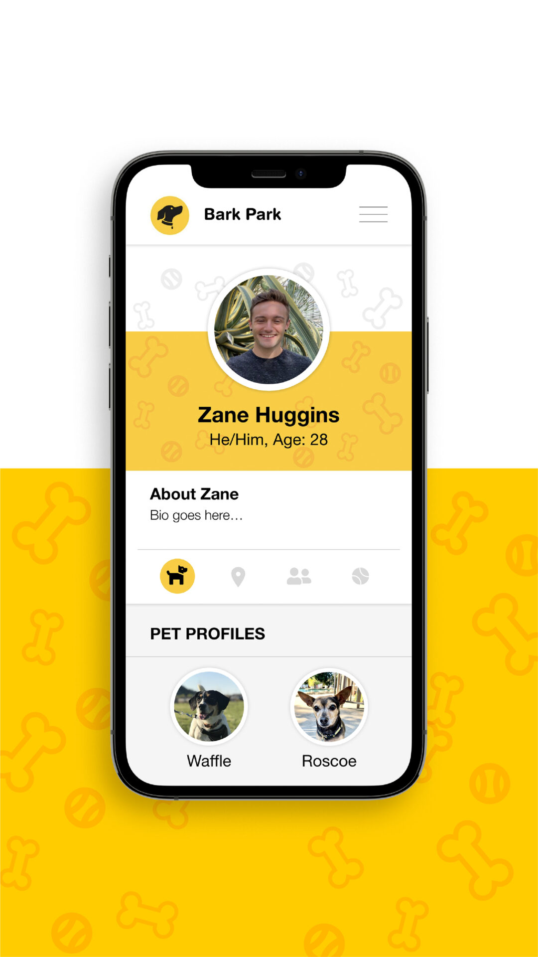 Bark Park app mocked up on an iPhone