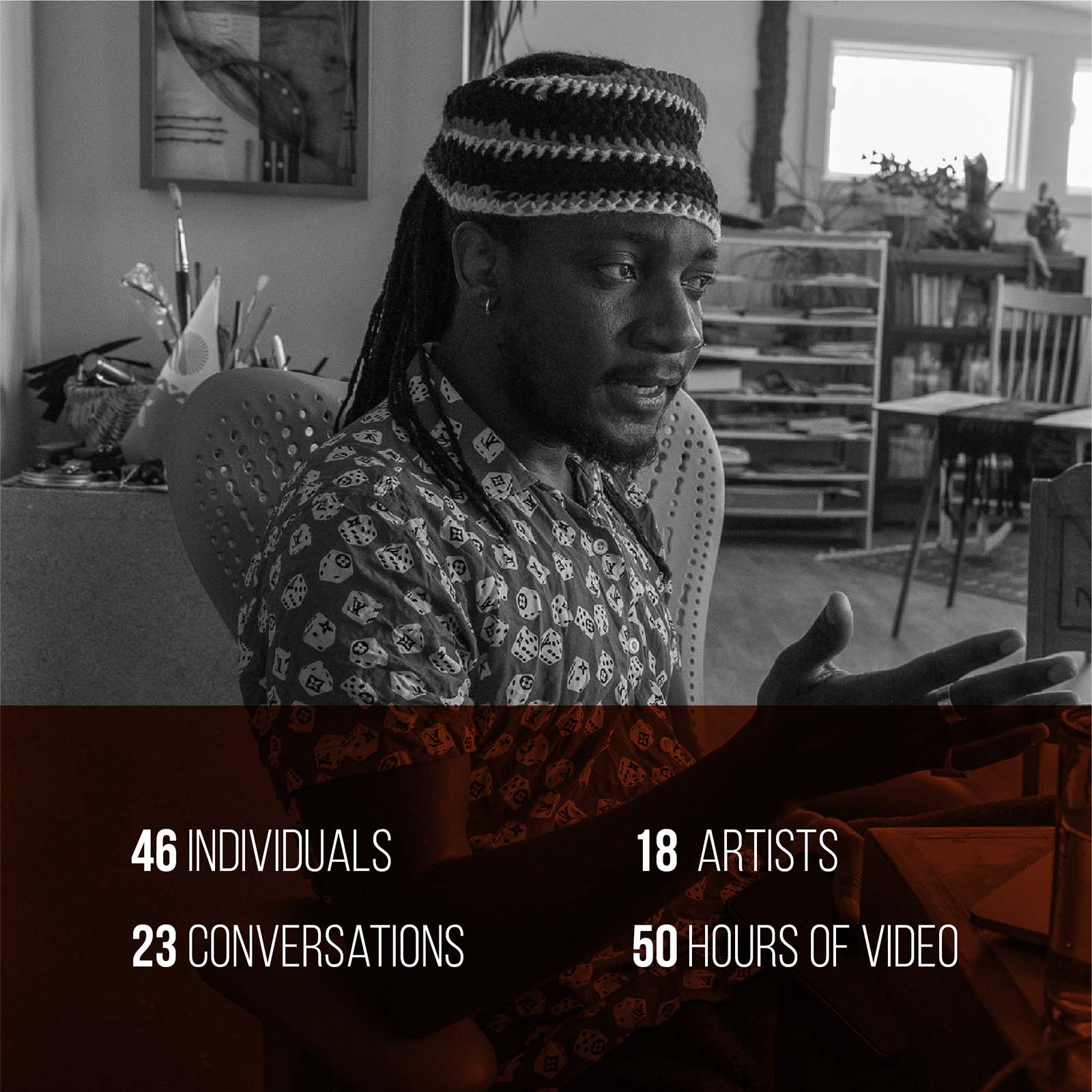 Black man speaking overlayed by statistics