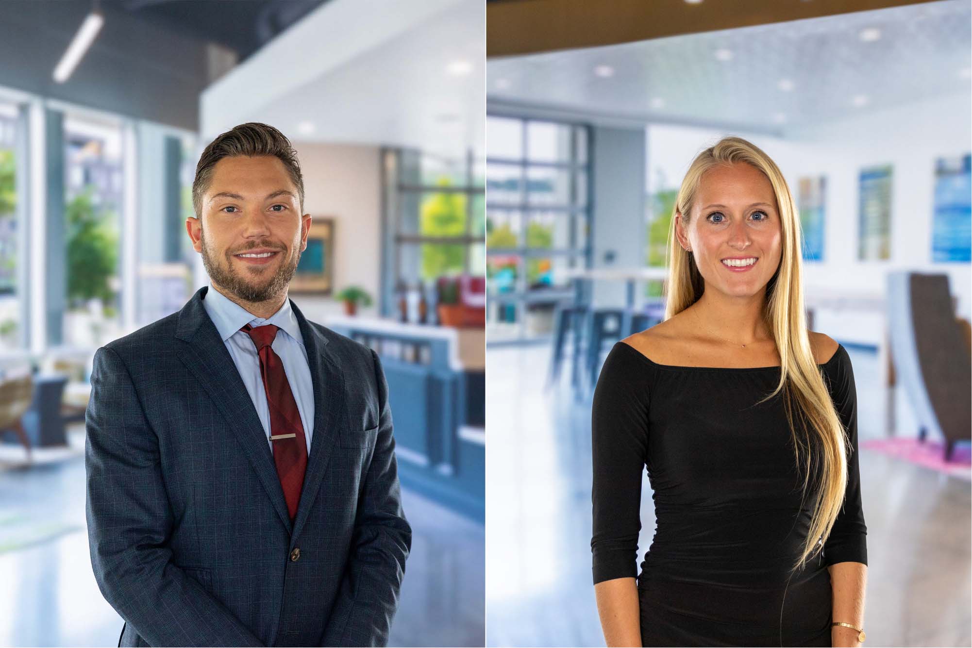portraits of team members on two separate backdrops