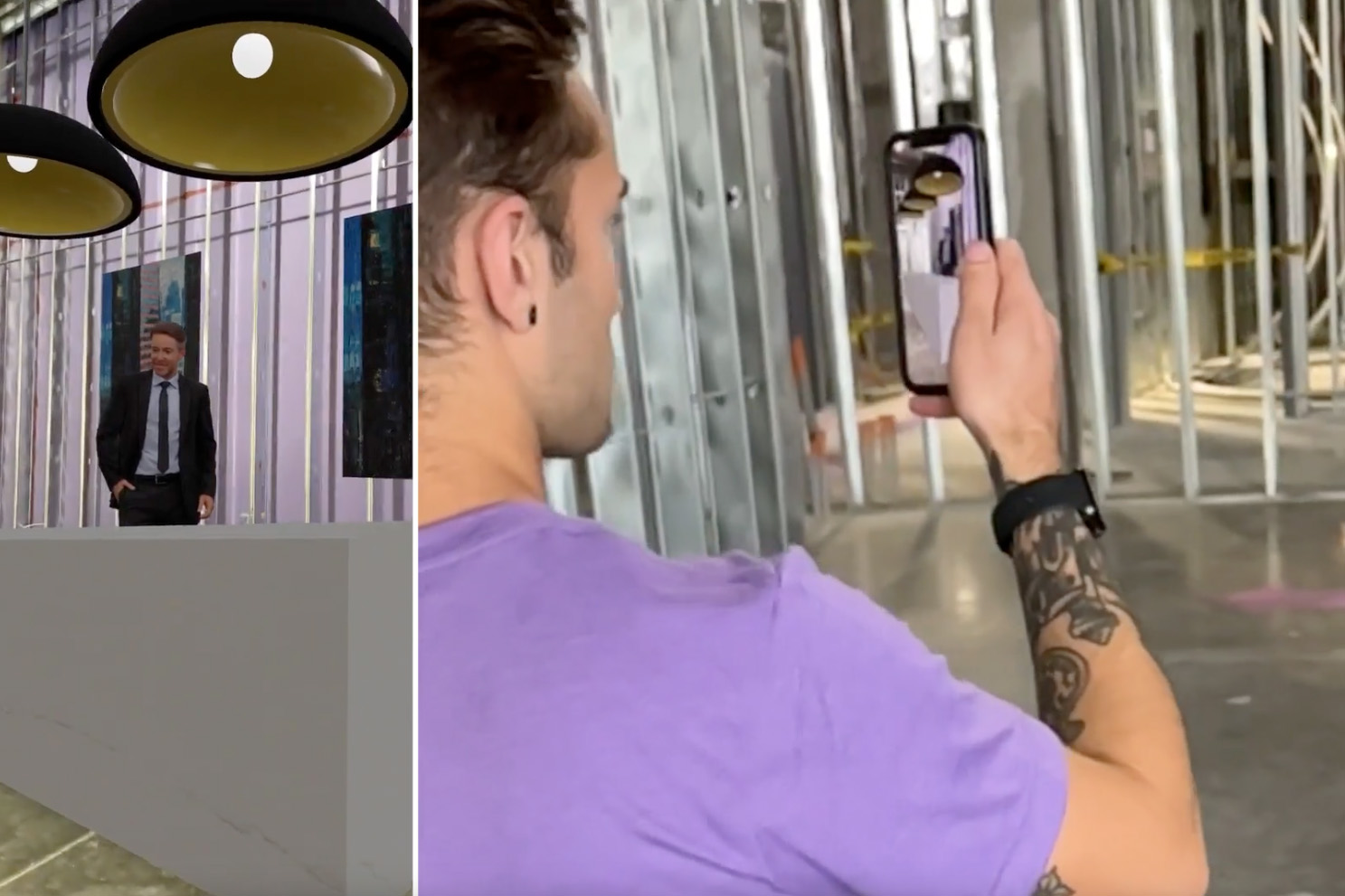 split view of augmented reality view verses real-life view of building