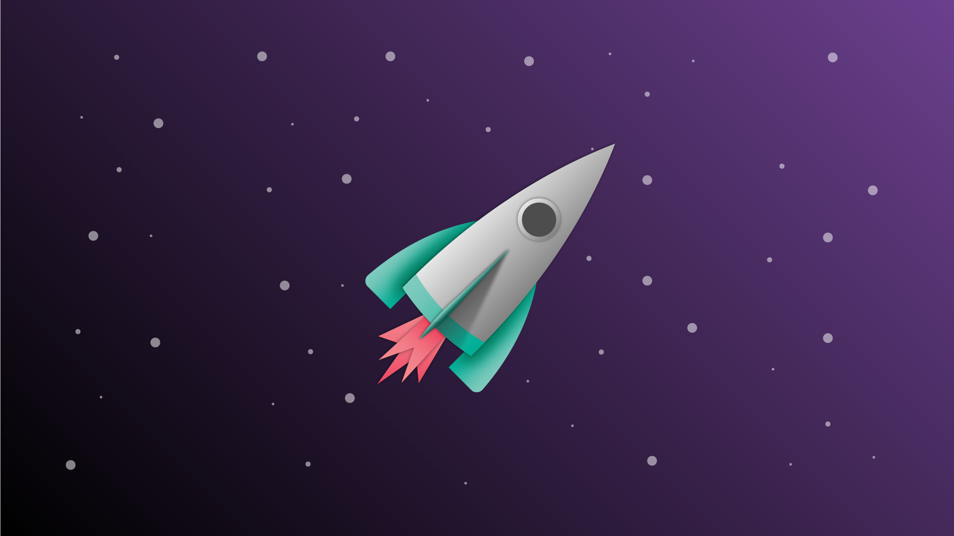 Illustration of a silver rocket with green fins and red flames, flying through space against a dark purple background with scattered white stars.