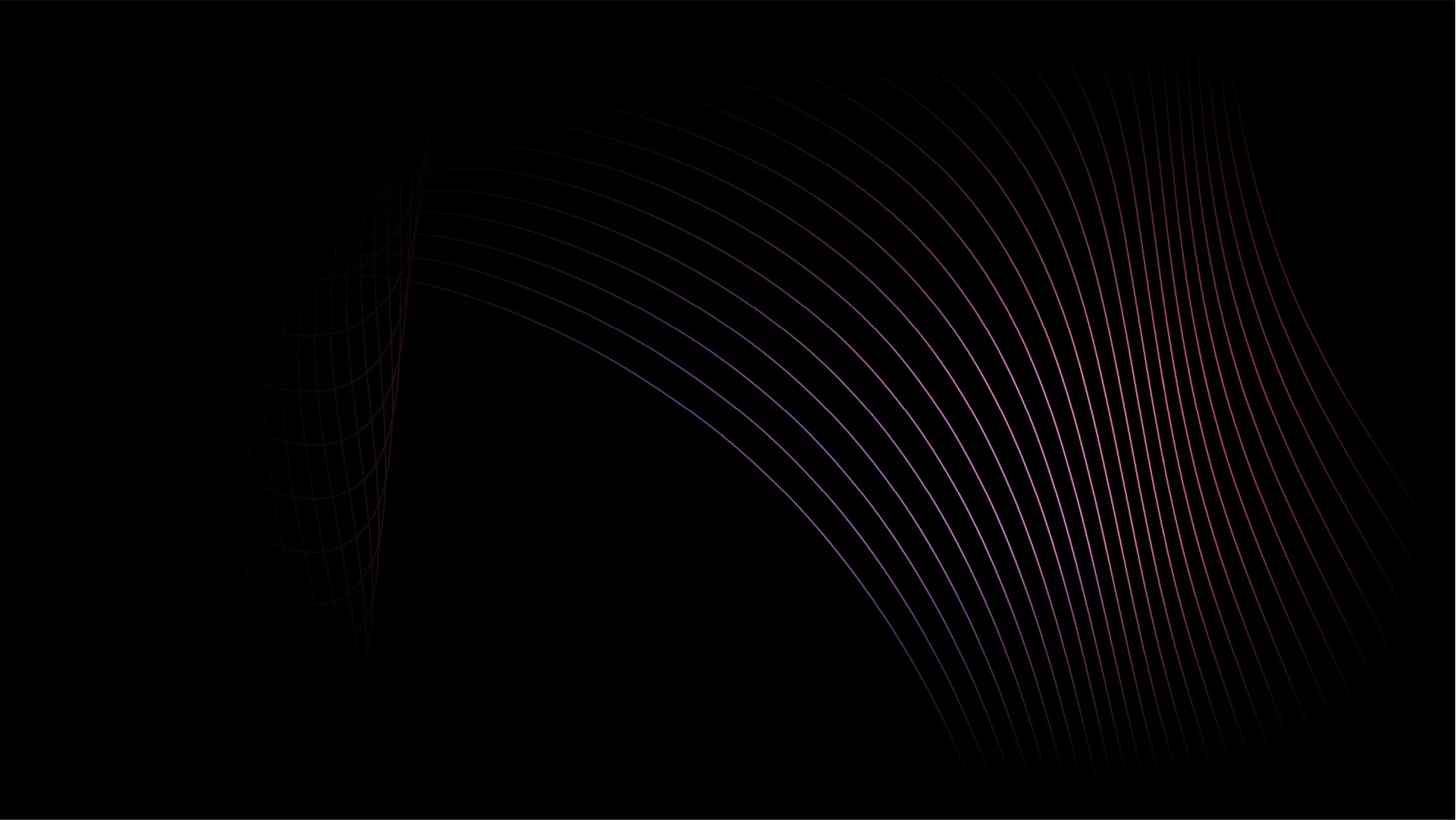 A series of thin, colorful lines curve across a dark background, creating a wave-like pattern. The lines subtly shift in color from purple to red, creating a dynamic and abstract design.