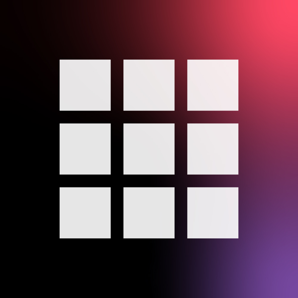 A 3x3 grid of white squares is set against a gradient background transitioning from dark on the left to a vibrant red and purple on the right.