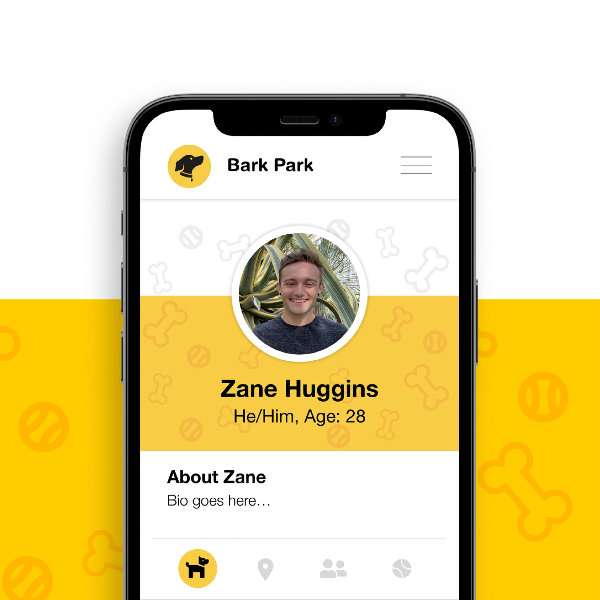 A mobile screen displaying a social media profile in an app called "Bark Park." The profile includes a circular photo of a person, with the name "Zane Huggins," gender pronouns "He/Him," and age "28." The background shows dog-related graphics.