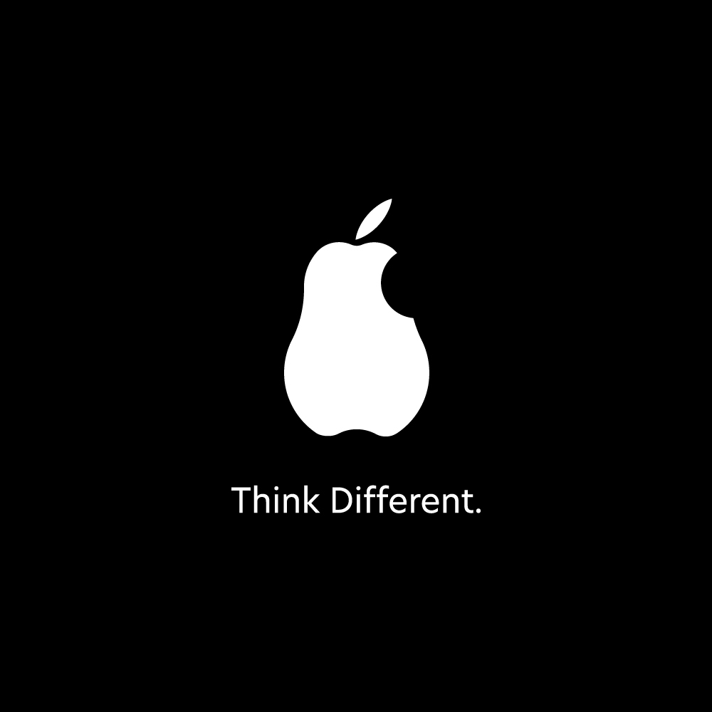 A minimalist black background featuring a white pear with a bite taken out on the right side, symbolizing a twist on a popular tech logo. Below the pear, the text reads "Think Different.