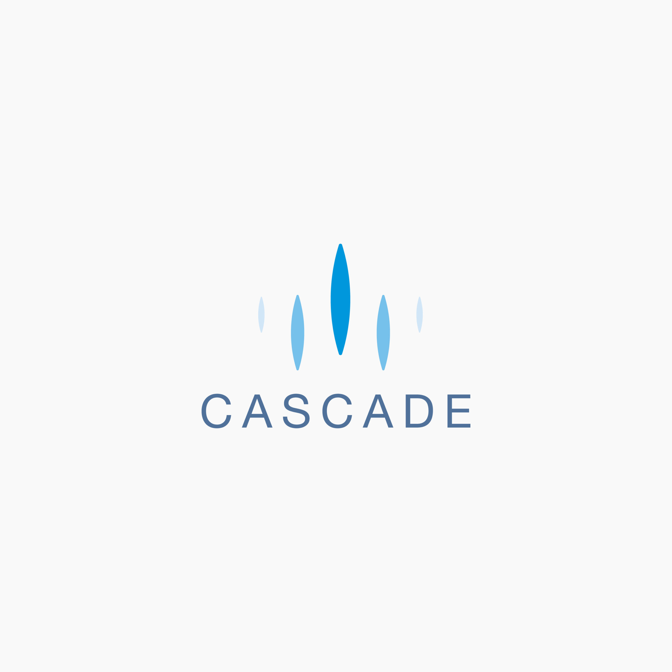 Logo featuring the word "CASCADE" below five vertically oriented, oval shapes in varying shades of blue, arranged symmetrically against a light gray background.