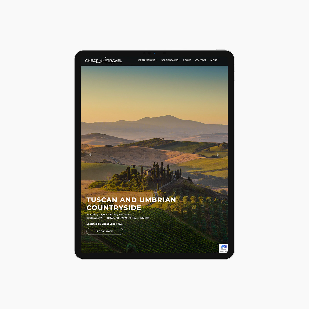 An iPad displaying a travel website page featuring a scenic Tuscan and Umbrian countryside landscape at sunset. Rolling hills, vineyards, and cypress trees are visible under a clear sky. Booking details are highlighted at the bottom.