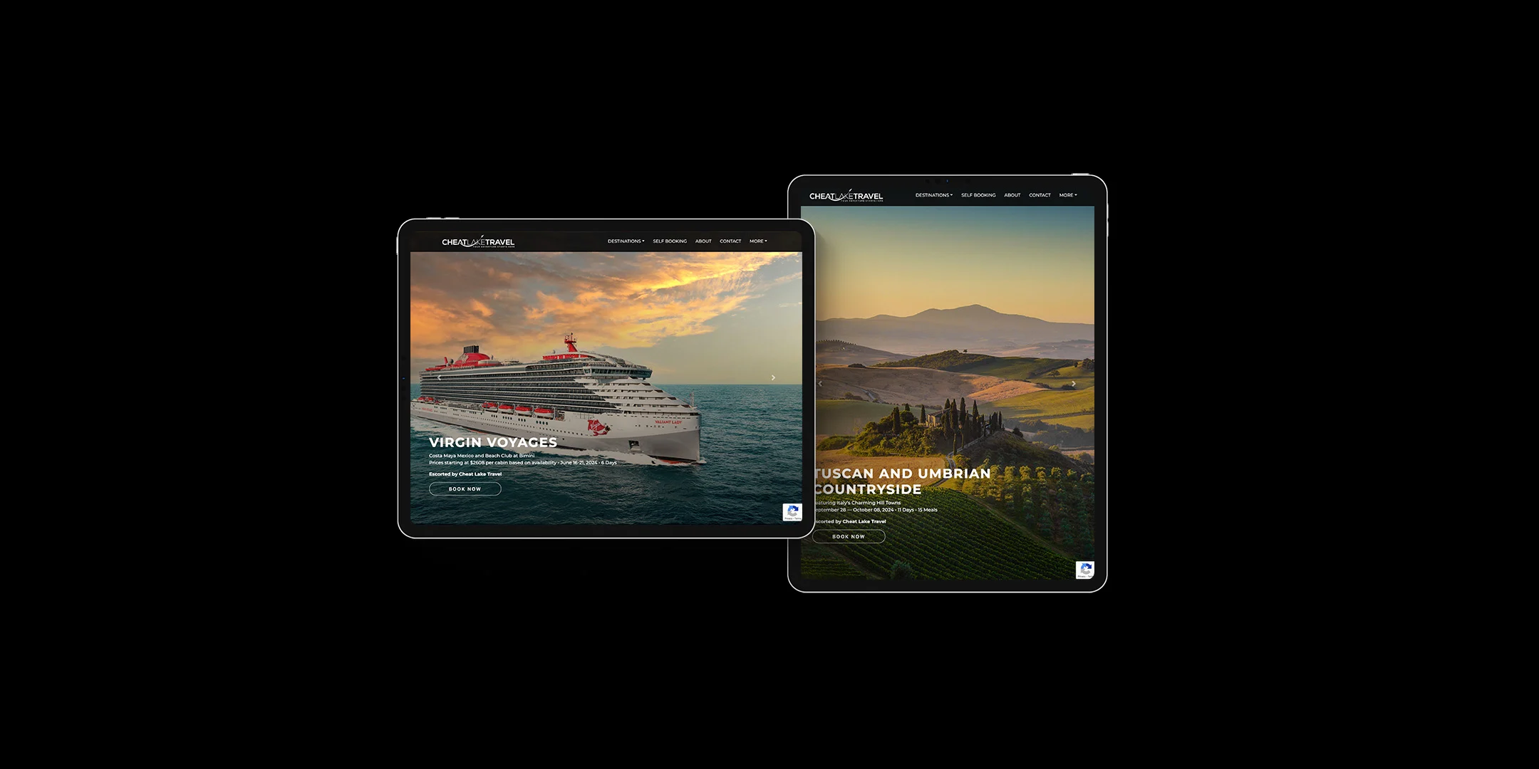 Two tablets displaying travel websites. The left screen shows a cruise ship on the ocean at sunset, labeled "Virgin Voyages." The right screen displays a scenic view of rolling hills and vineyards, labeled "Tuscan and Umbrian Countryside.