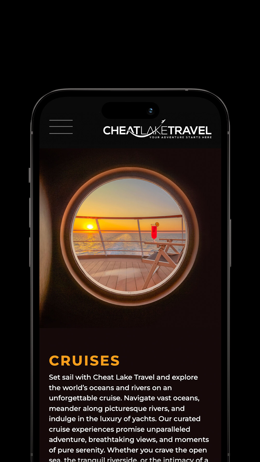 A smartphone displays a travel website with the logo 