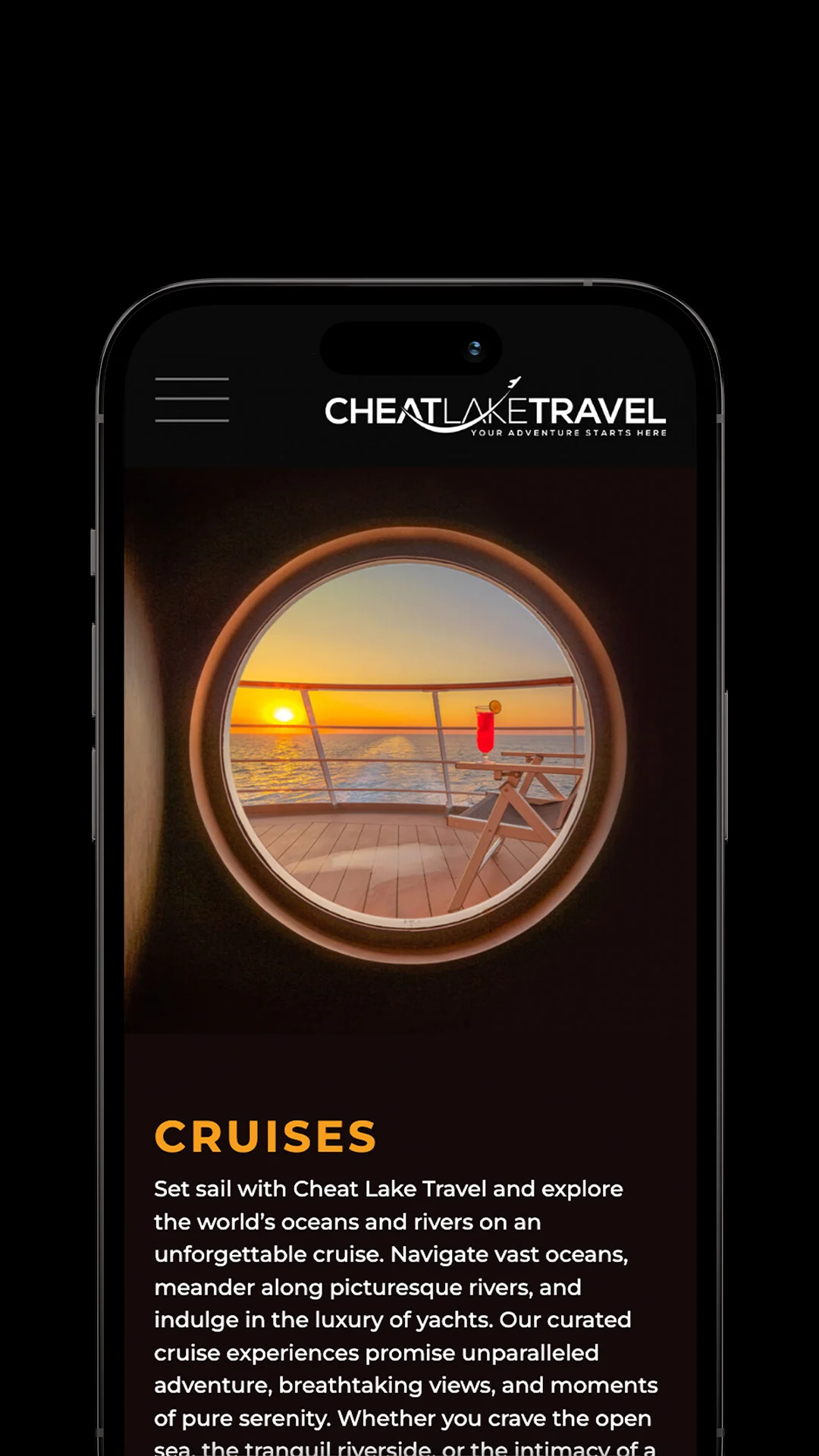 A smartphone displays a travel website with the logo "Cheat Lake Travel" at the top. The image shows a porthole view of a sunset over the ocean from a ship's deck. Text describes luxury cruises offering scenic river and ocean adventures.
