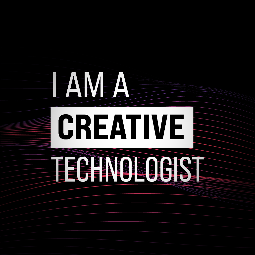 Text on a black background reads "I AM A CREATIVE TECHNOLOGIST" in bold white letters, with the word "CREATIVE" highlighted in a black rectangle. Curved, thin red lines wave across the background.