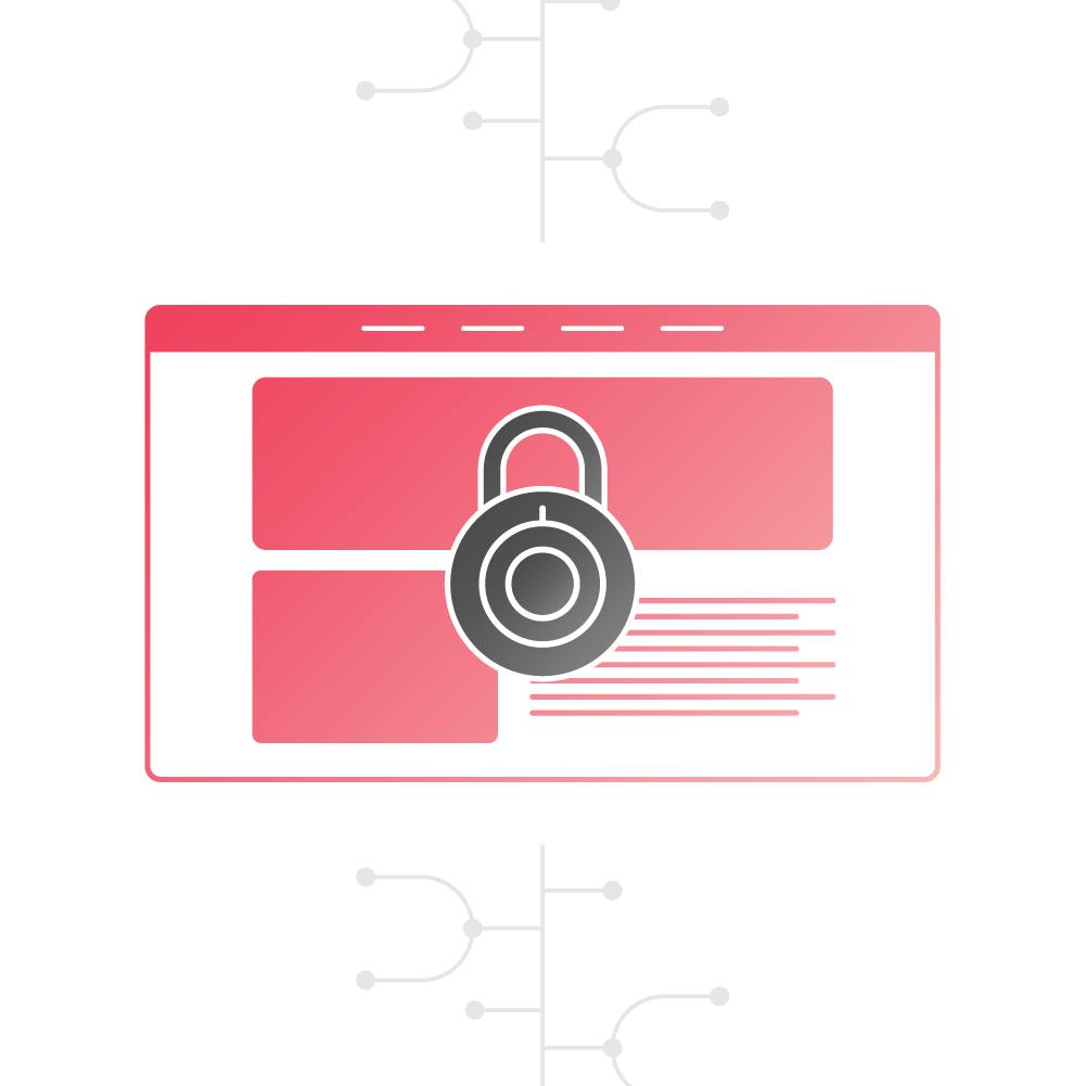 Illustration of a web browser window with a padlock symbol in the center, indicating security. The background is light with subtle circuit-like lines.