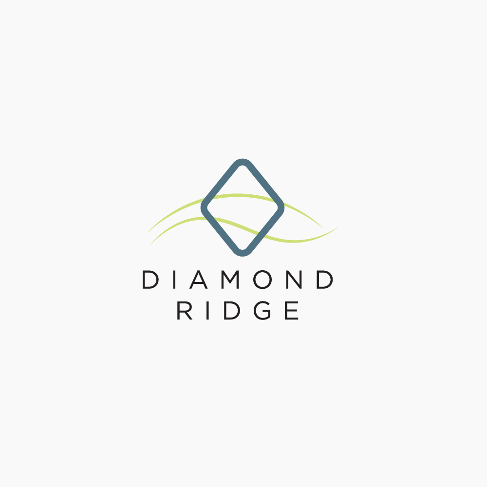 Logo of Diamond Ridge featuring a stylized diamond shape with curved green lines in the background. The words "Diamond Ridge" are written below in dark letters on a white background.