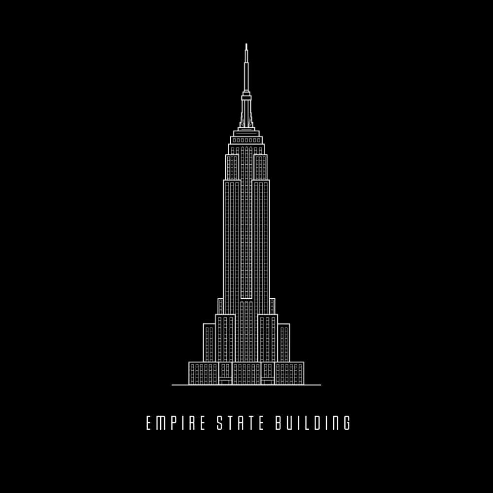 Line art illustration of the Empire State Building set against a black background, with the words "Empire State Building" written below.