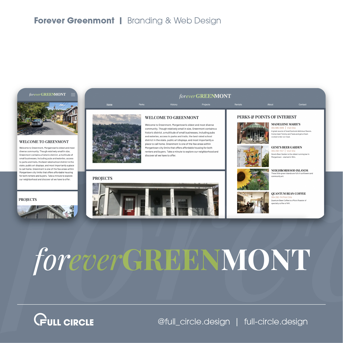 A website design mockup for Forever Greenmont, showcasing a desktop and mobile view. The site features sections on projects, parks, and points of interest, with photos and descriptive text. The branding includes grey and green colors.