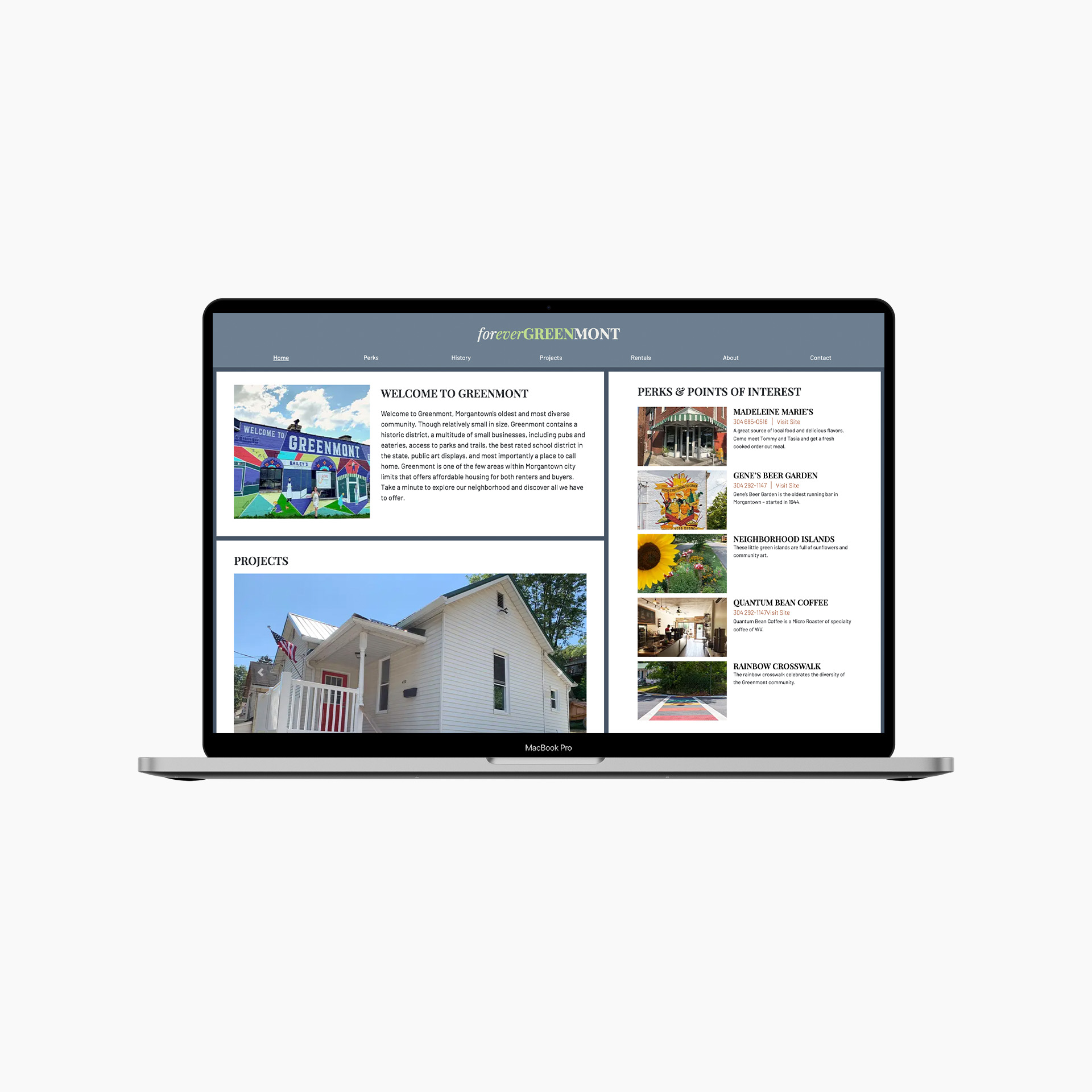 A laptop displaying a website with sections titled "Welcome to Greenmont," "Places & Points of Interest," and "Projects." The page features images of a mural, a house, and sunflowers, alongside descriptive text.