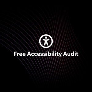 A dark background with thin, curved lines and a circular symbol of a person with outstretched arms. The text reads "Free Accessibility Audit" in white. The design conveys the concept of accessibility.