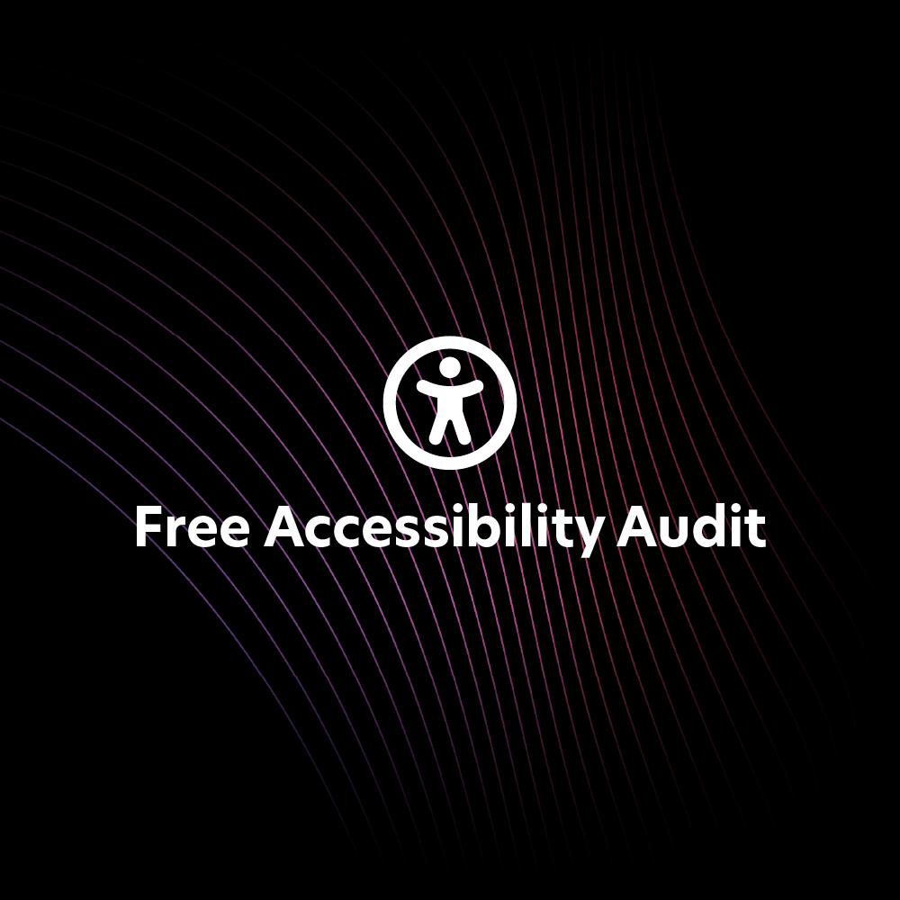 A dark background with thin, curved lines and a circular symbol of a person with outstretched arms. The text reads "Free Accessibility Audit" in white. The design conveys the concept of accessibility.