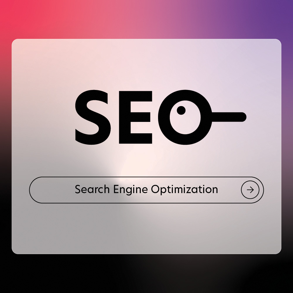 A digital graphic displaying the word "SEO" with the letter "O" stylized as a magnifying glass. Below, there's a search bar labeled "Search Engine Optimization" with an arrow icon, set against a gradient background.