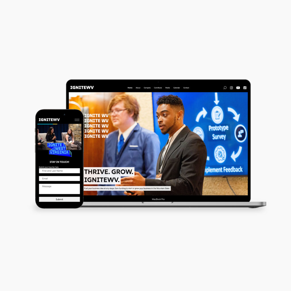 A laptop and smartphone display a website featuring a professional event. The website banner shows two individuals in suits with motivational text overlays and icons representing surveys and feedback on a blue background.