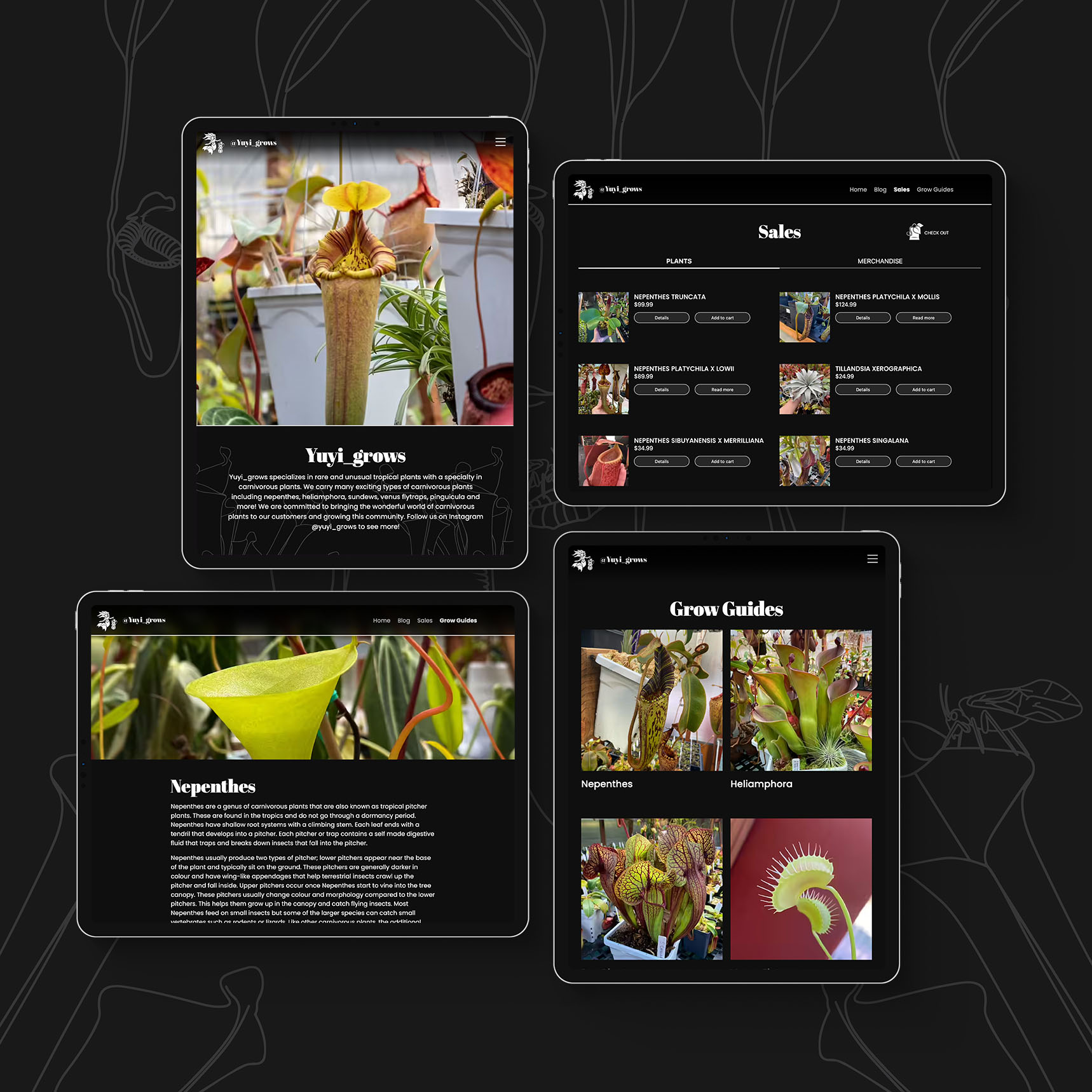 Four tablet screens display a website about carnivorous plants. The first screen shows a pitcher plant and text. The second screen lists sales items. The third and fourth screens contain images and guides on growing Nepenthes and Heliamphora plants.