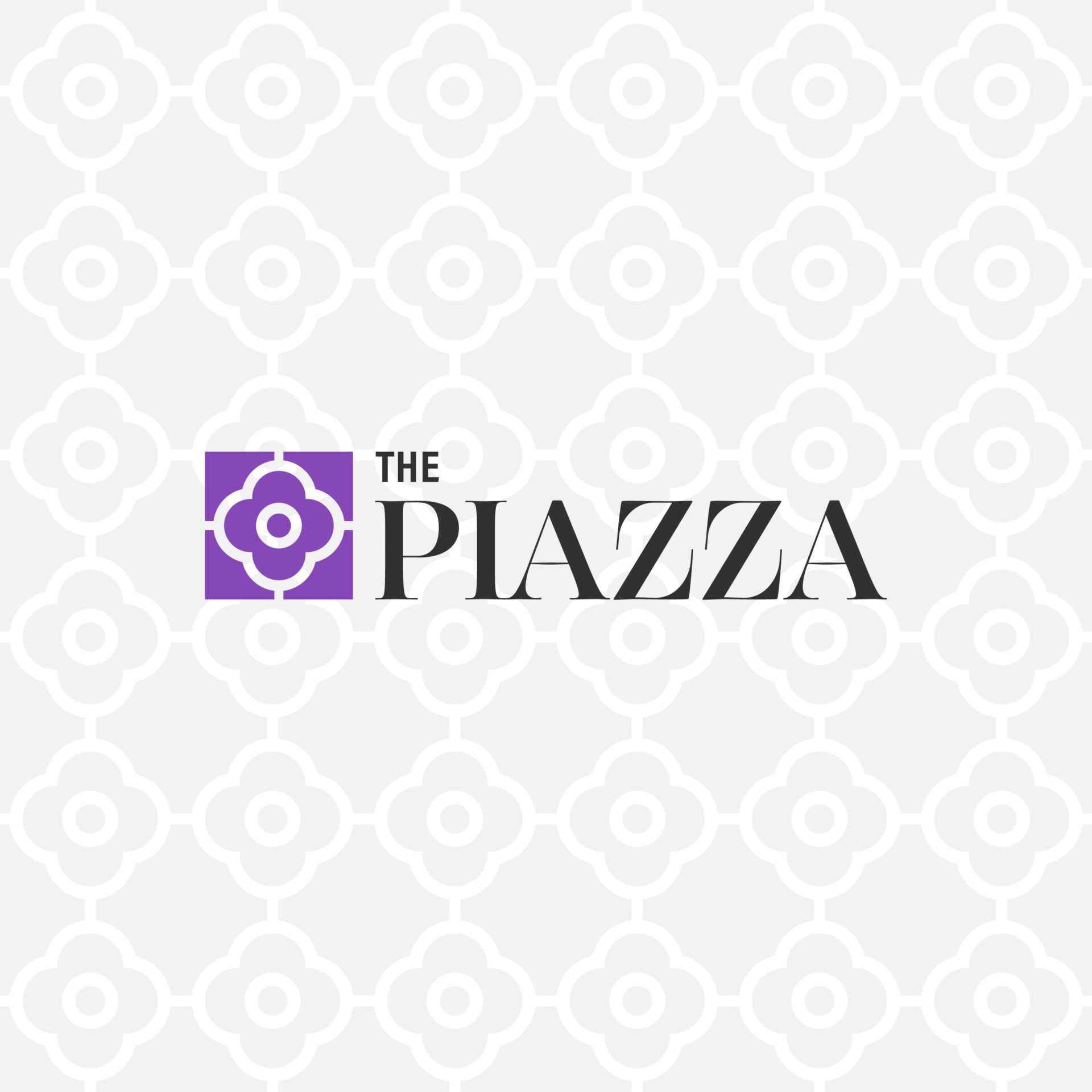 Logo with the text "The Piazza" in black, featuring a purple square with a circular floral-like design on the left. The background has a repeating pattern of white and light gray circles with dots at the center.