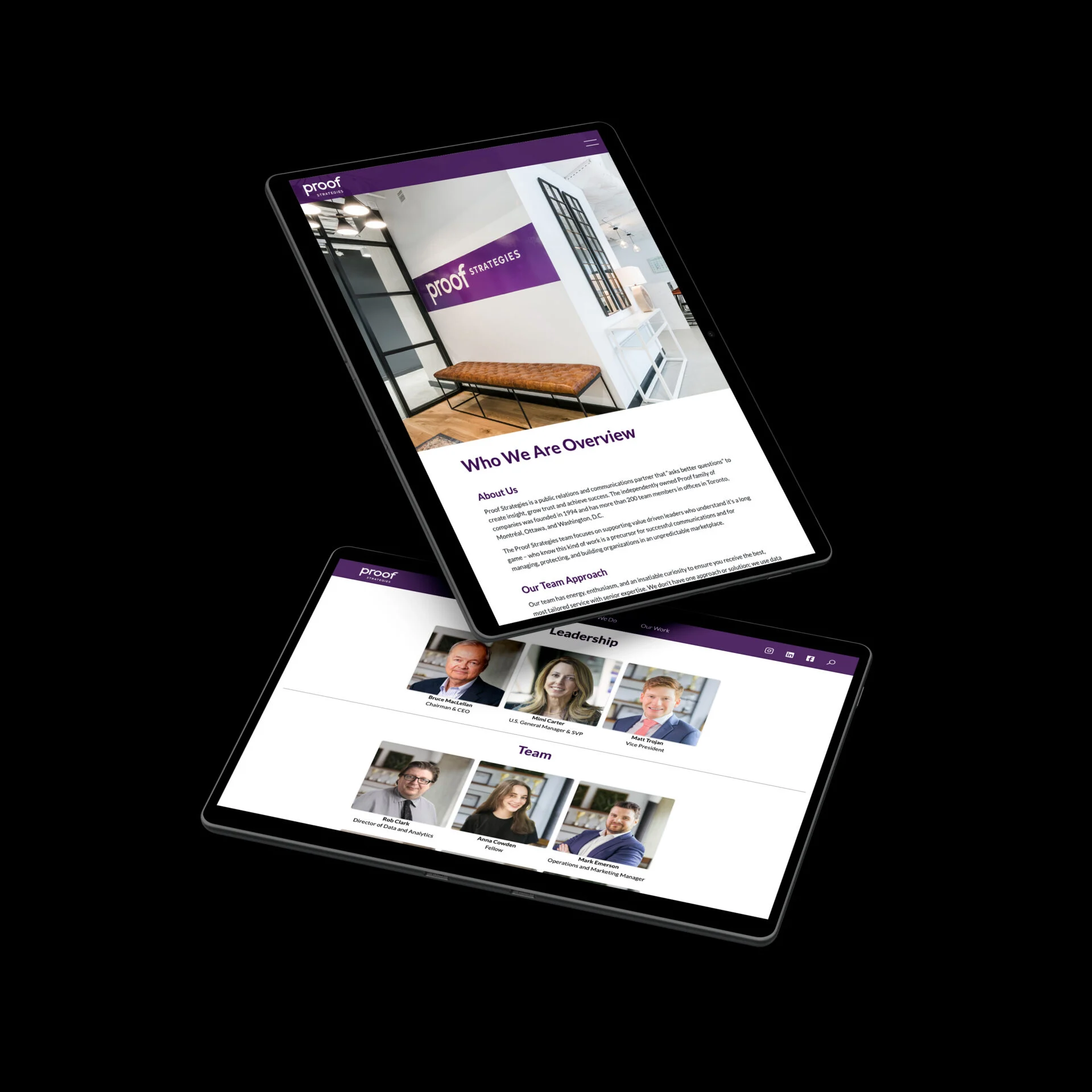 Two tablets display a website featuring a purple and white theme. The first shows a webpage titled "Who We Are Overview" with an office image. The second displays profiles under "Leadership" and "Team" sections, with pictures of five individuals.