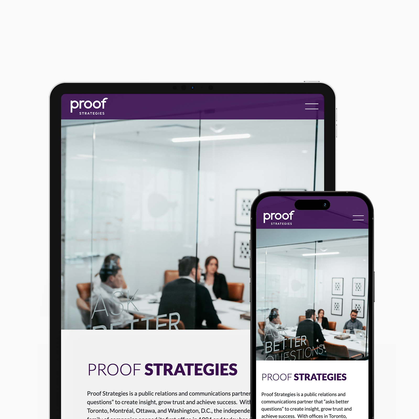 A tablet and a smartphone display the Proof Strategies website, showing a group of people in a glass-walled meeting room. The visible text includes "Proof Strategies" and "Better Questions." The design features a purple theme.