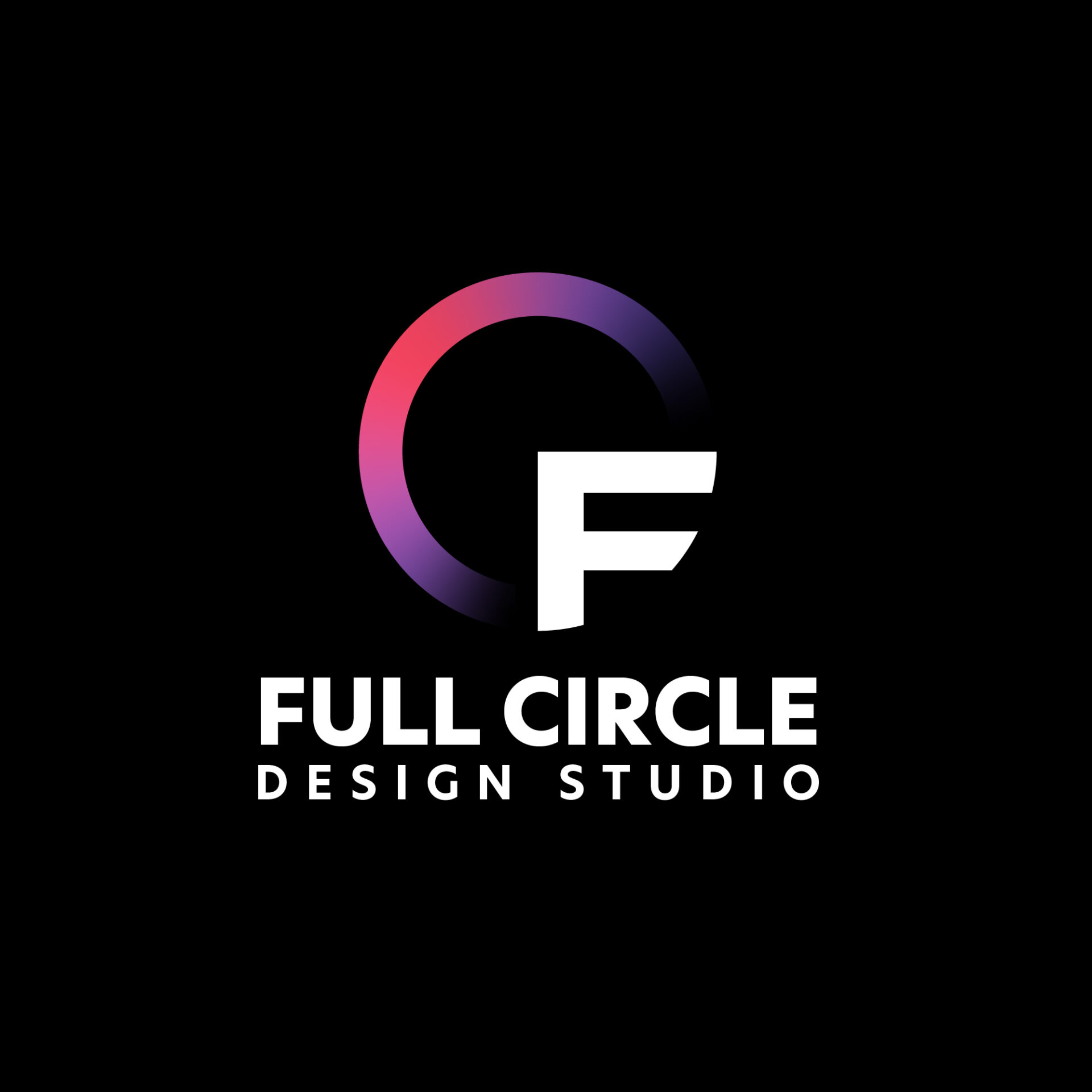 Logo for Full Circle Design Studio. Features a stylized letter "F" partially enclosed in a gradient circle transitioning from purple to pink on a black background. The text "FULL CIRCLE DESIGN STUDIO" is in bold white lettering below.