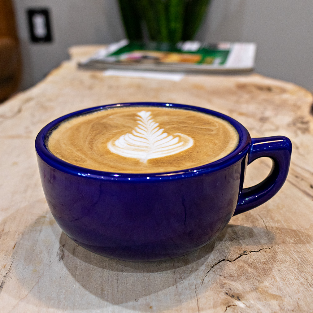 A blue ceramic cup filled with a cappuccino featuring elegant latte art in the shape of a leaf design. The cup is placed on a wooden table, with magazines in the blurred background.