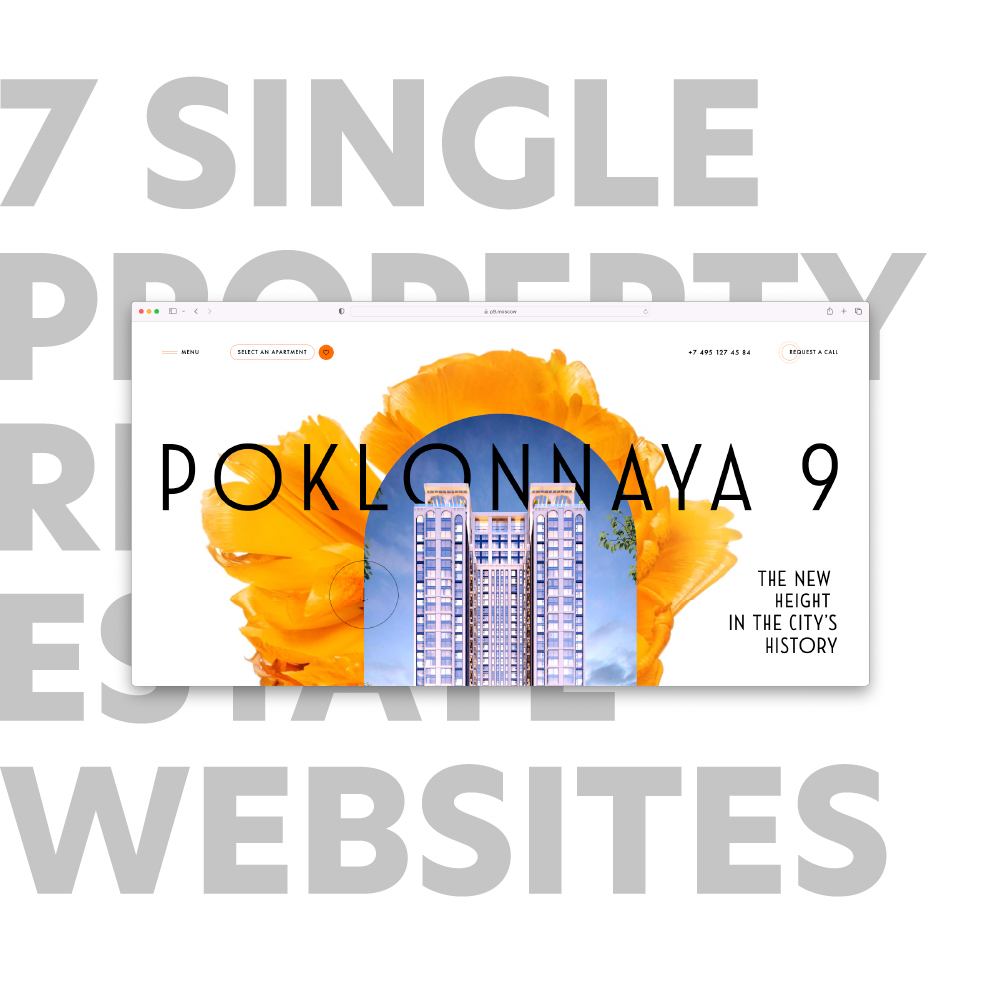 A digital header image featuring the website for "Poklonnaya 9" with a central high-rise building surrounded by an orange floral graphic. The background includes large, partially visible text: "SINGLE PROPERTY REAL ESTATE WEBSITES.