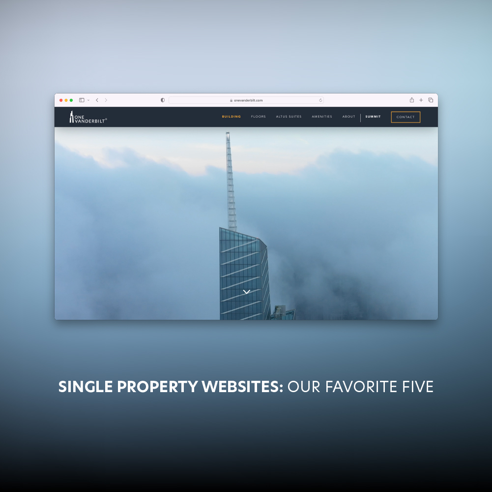 A webpage mockup featuring a skyscraper peeking through clouds, shown on a desktop browser. The background is a gradient blue. Text at the bottom reads, "Single Property Websites: Our Favorite Five.