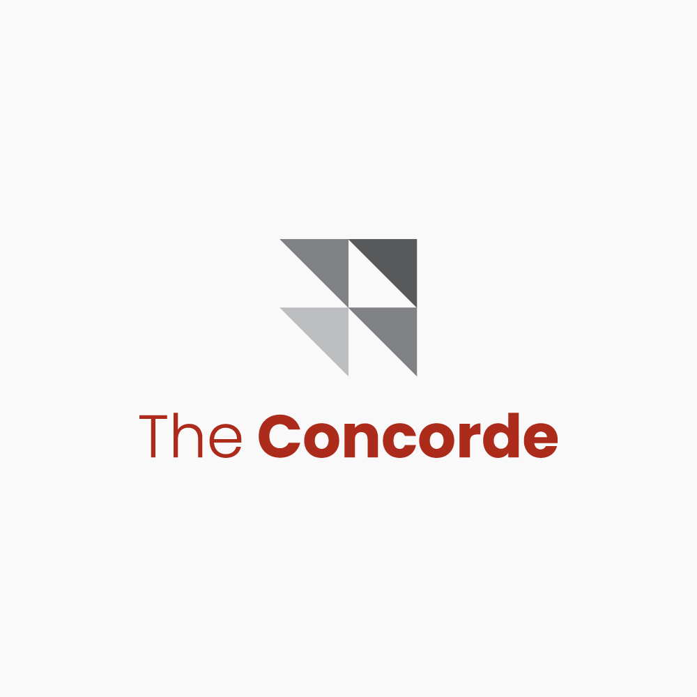 Logo with a geometric design composed of gray triangles forming an abstract arrow pointing upwards. Below the design, the text reads "The Concorde" in red. The background is white.