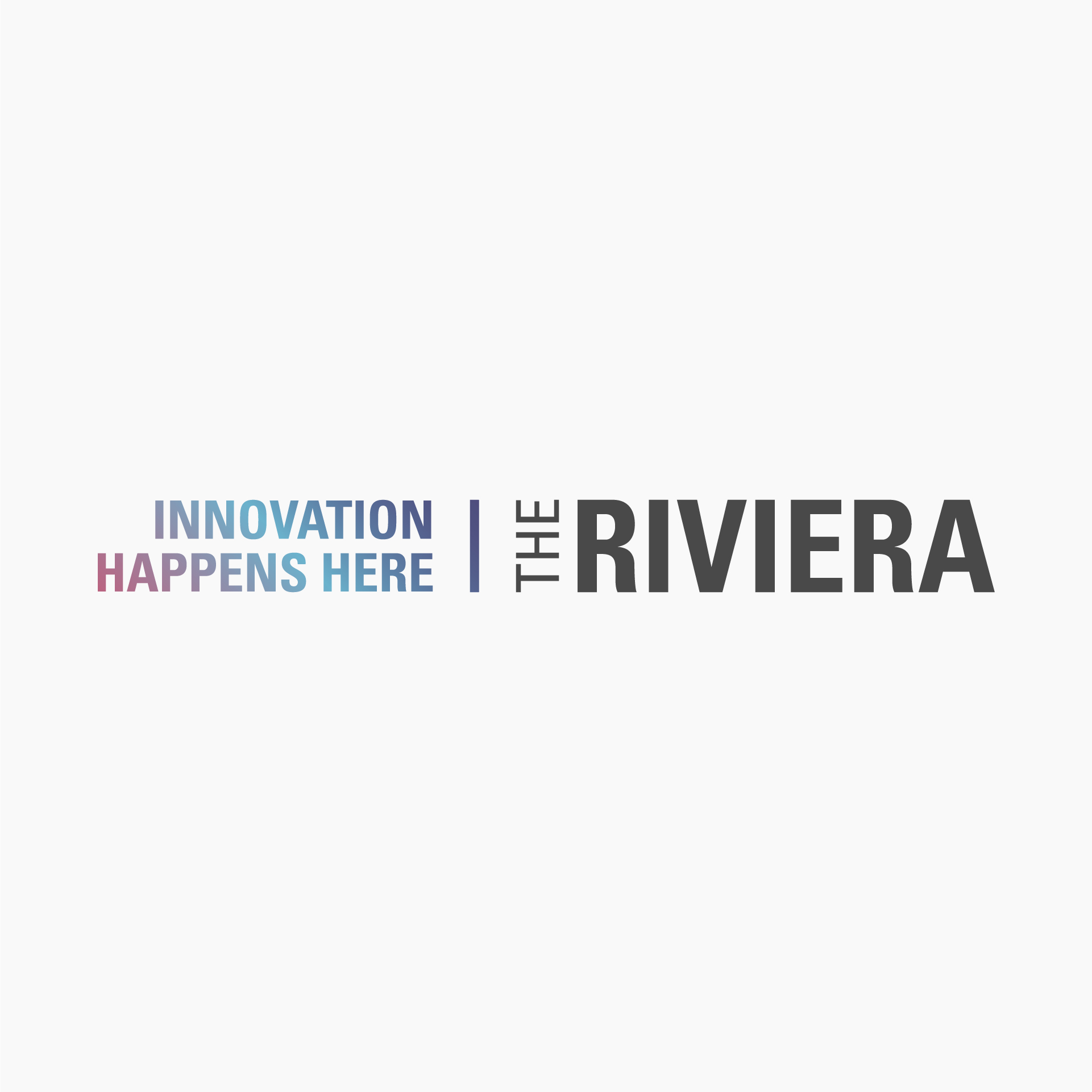 Text reads "Innovation Happens Here | The Riviera" on a white background. "Innovation Happens Here" is in gradient blue and pink colors, and "The Riviera" is in bold gray.