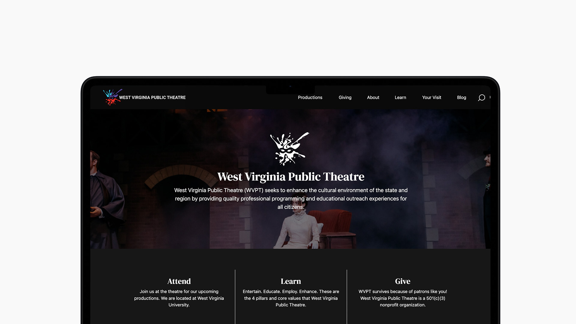 Screenshot of the West Virginia Public Theatre website homepage. The header features the theater's logo with navigation links: Productions, Giving, About, Learn, Visit, and Shop. The central text describes the theater's mission and activities.