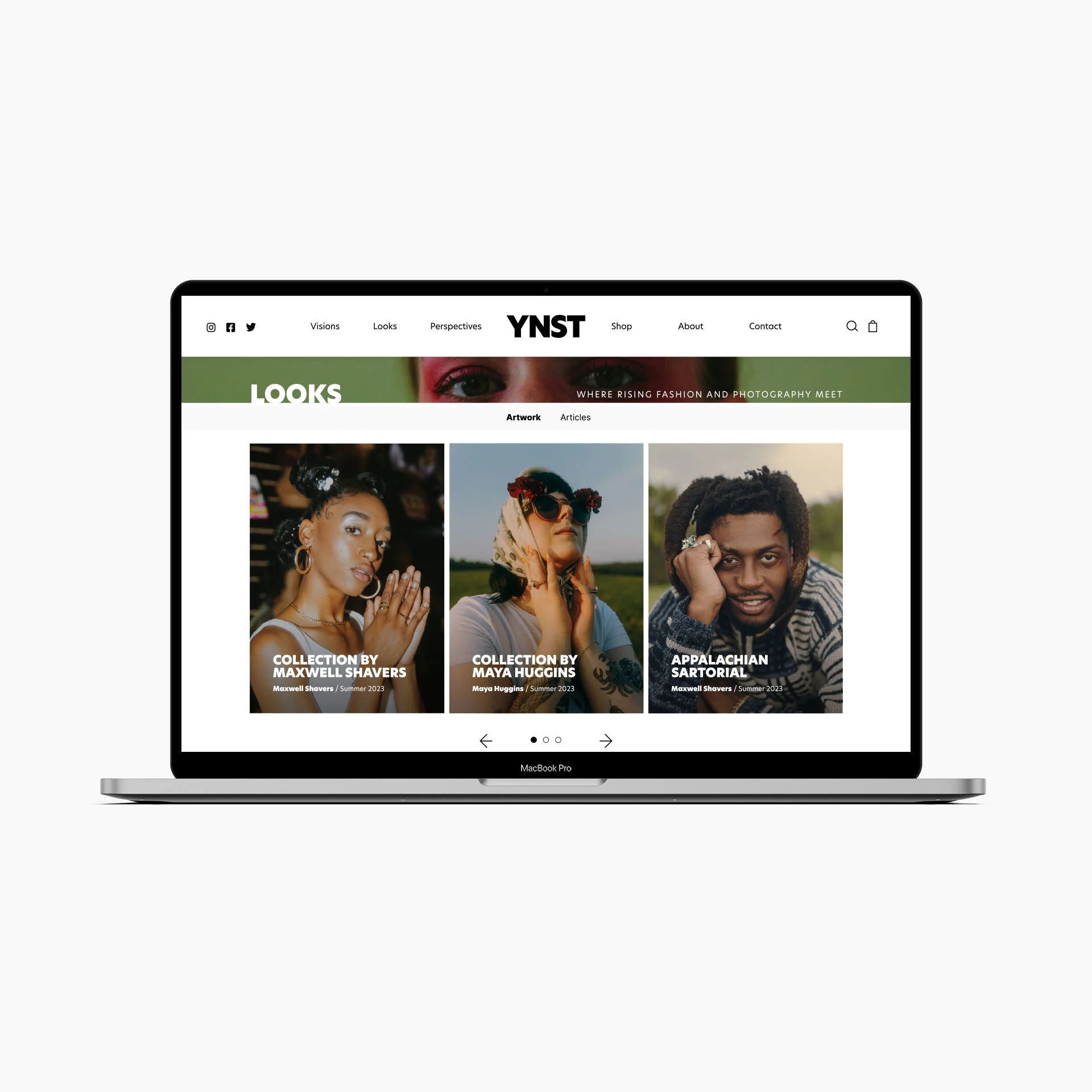 A laptop screen displaying a fashion website with three featured collections: "Collection by Maxwell Shavers," "Collection by Maya Hughey," and "Appalachian Sartorial." Each collection features a photograph of a person representing the style theme.