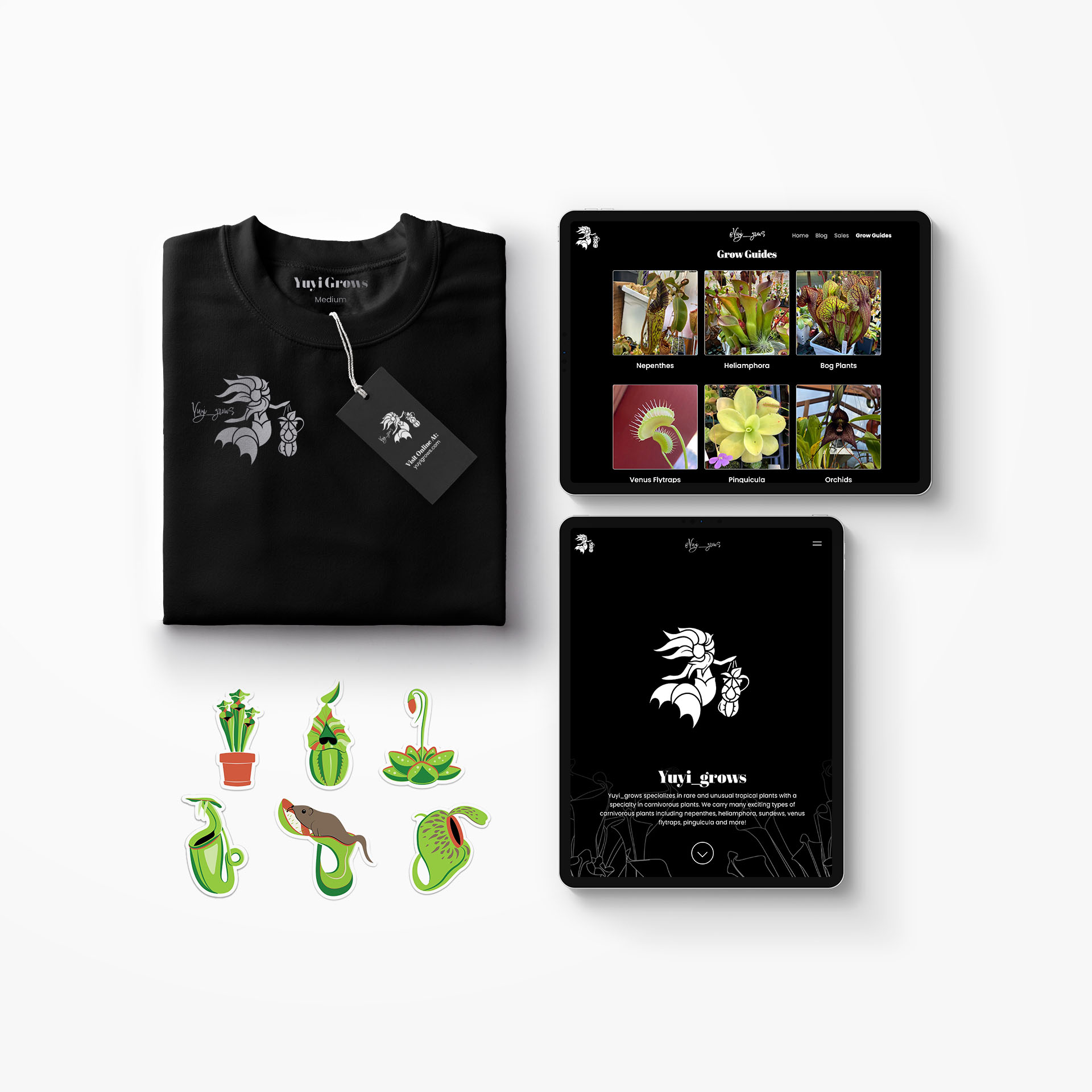 Flat lay featuring a black shirt with a botanical design, a business card, two tablets displaying plant images, and a collection of plant-themed stickers. The setup conveys a modern botanical theme with a focus on carnivorous plants.