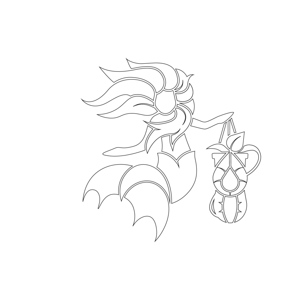 Line art of a mermaid with flowing hair, holding a lantern decorated with leaves. The mermaid's tail is curved and stylized, and the overall design is minimalistic.