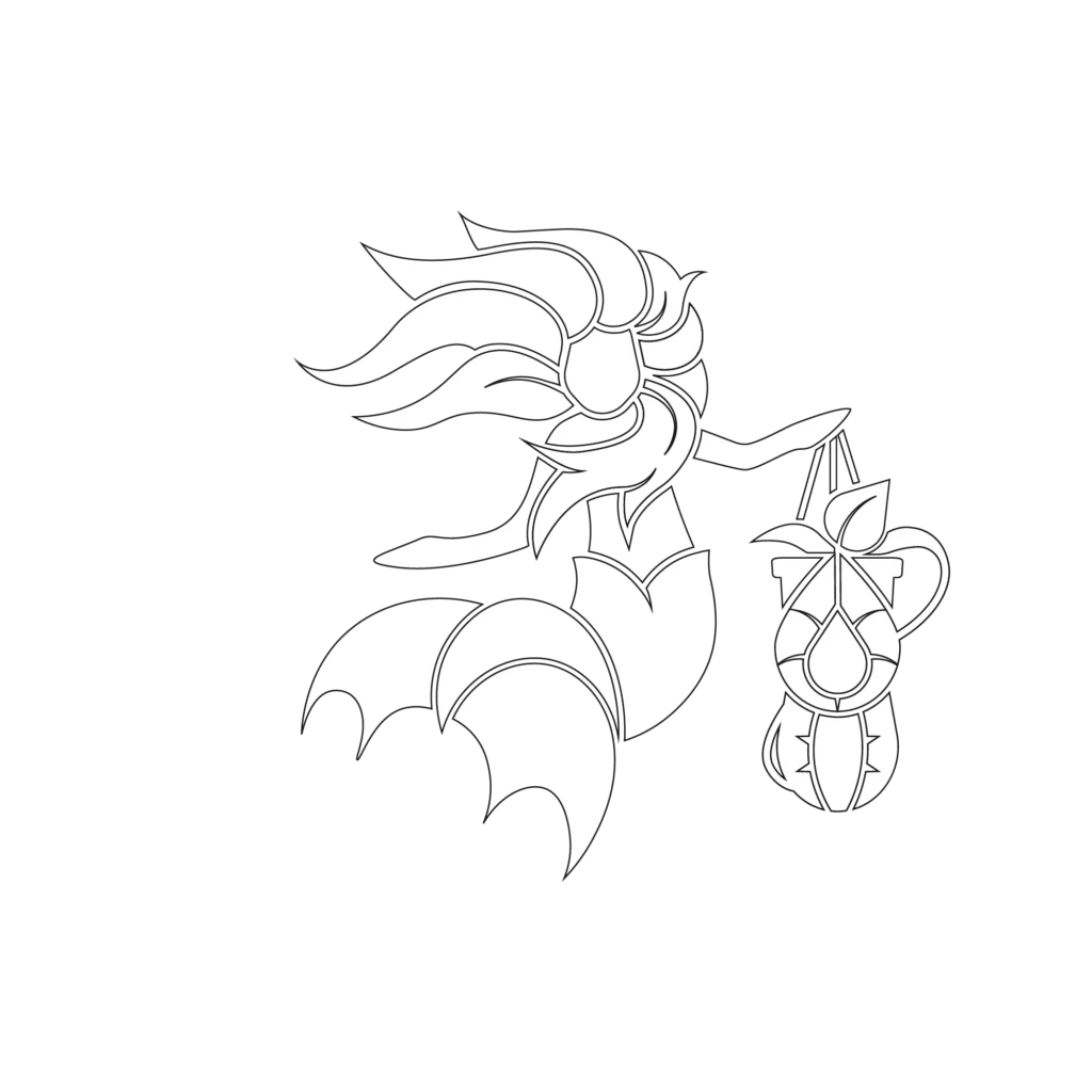 Line art of a mermaid with flowing hair, holding a lantern decorated with leaves. The mermaid's tail is curved and stylized, and the overall design is minimalistic.