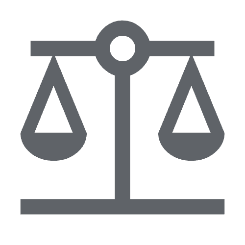 Icon of a gray balanced scale with two pans, symbolizing justice or equality.