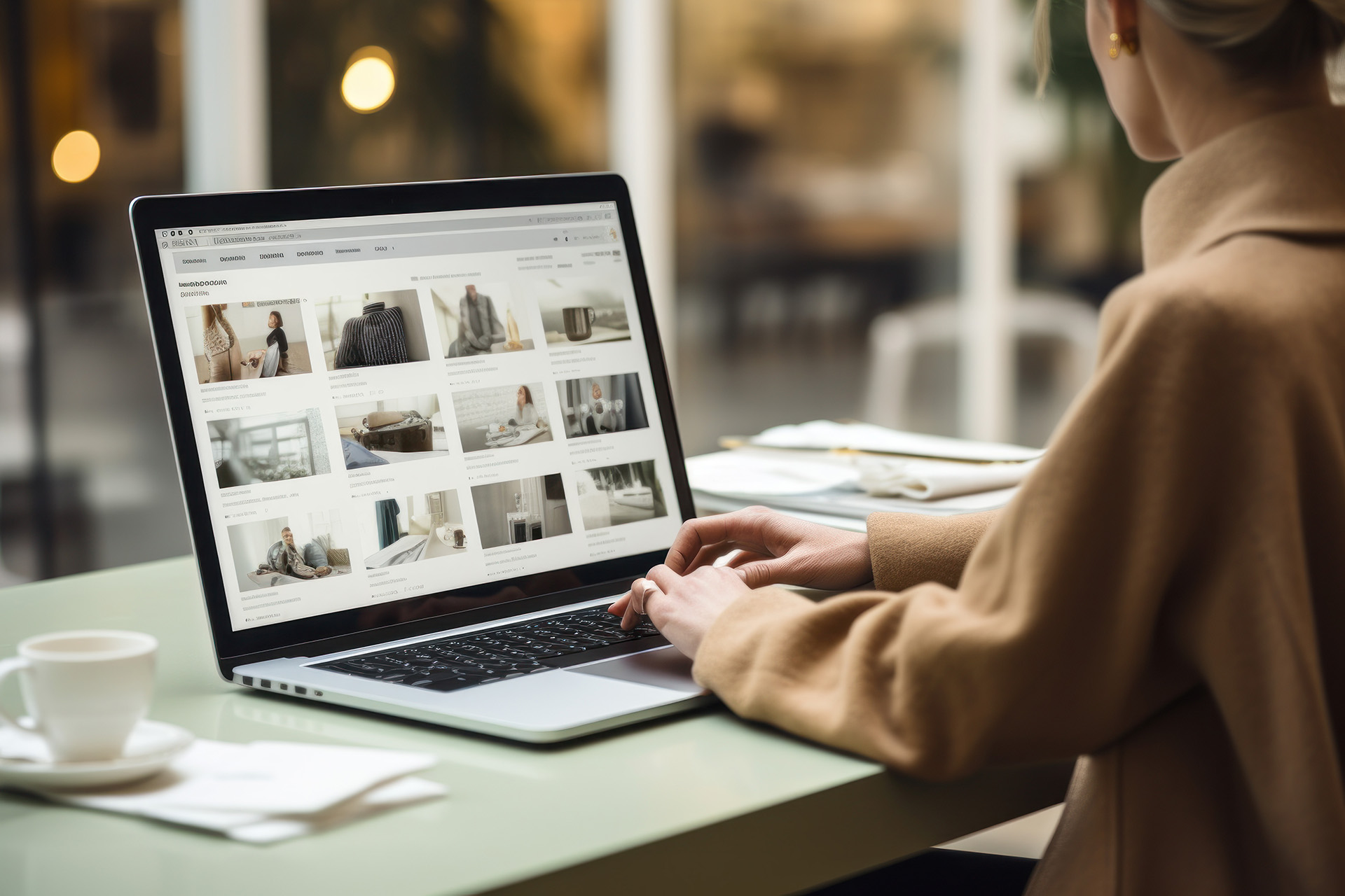 A person wearing a beige coat is engrossed in web design, using a laptop in a cafe. The screen showcases a home decor website with various product images. A cup and saucer sit beside the creative on the table, capturing the essence of modern digital artistry.