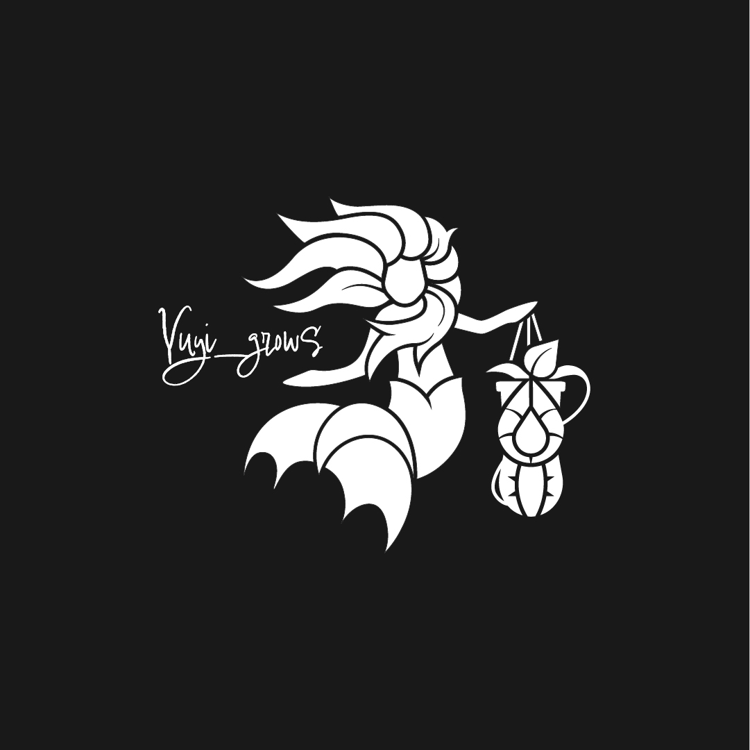 A stylized white illustration of a koi fish and a lantern on a black background. The fish has flowing fins and appears to be moving. The text "Yuji_grows" is elegantly written next to the design.