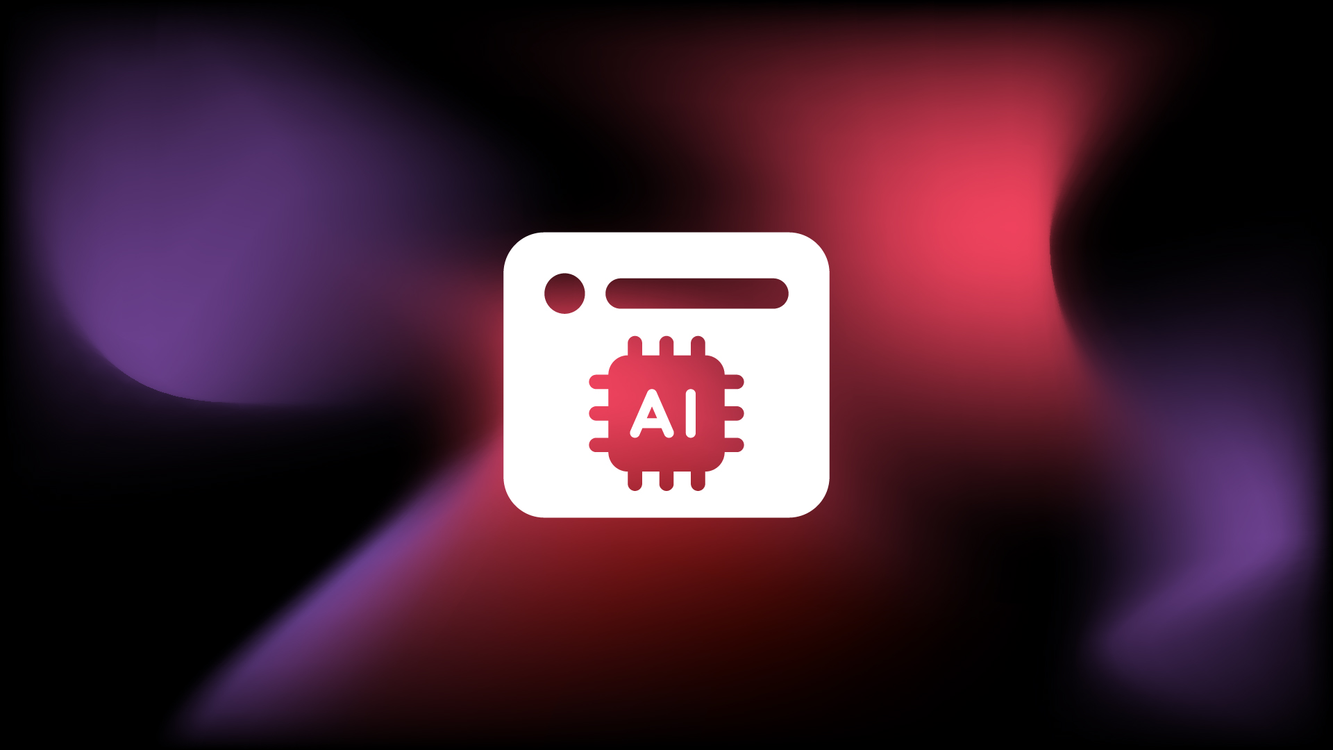 AI in Web Design cover image: Icon of a browser window with a red AI chip symbol in the center. The background is a gradient of abstract red, purple, and black colors, creating a smooth blend.