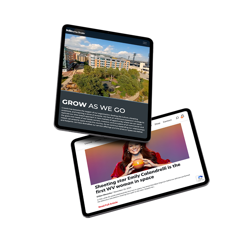 Two digital tablets showcase engaging web design. The top tablet displays an aerial view of buildings with "GROW AS WE GO" text, while the bottom features a smiling woman holding a rocket, highlighting "Emily Calandrelli as the first WV woman in space.