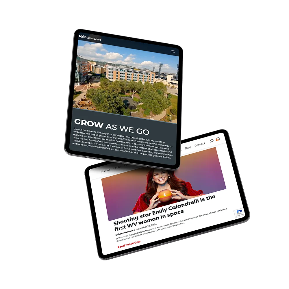 Two digital tablets showcase engaging web design. The top tablet displays an aerial view of buildings with "GROW AS WE GO" text, while the bottom features a smiling woman holding a rocket, highlighting "Emily Calandrelli as the first WV woman in space.