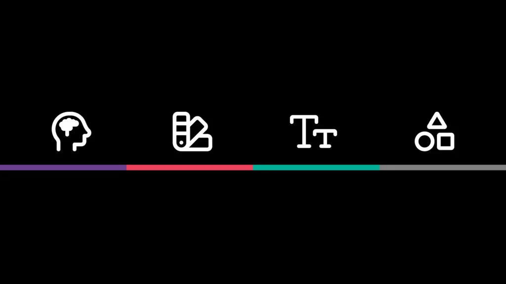 A black background with four white icons representing a head with gears, a color palette, a letter "T" for text, and geometric shapes. A multicolored bar runs beneath, transitioning from purple to red, green, and gray.
