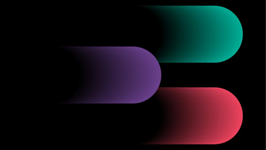 Two elongated ovals with rounded ends extend from left to right against a black background. The top oval is teal, and the bottom is red, symbolizing a strong brand identity. A purple semicircle lies between them on the left. Each shape casts a gradient shadow, enhancing visual branding ROI.