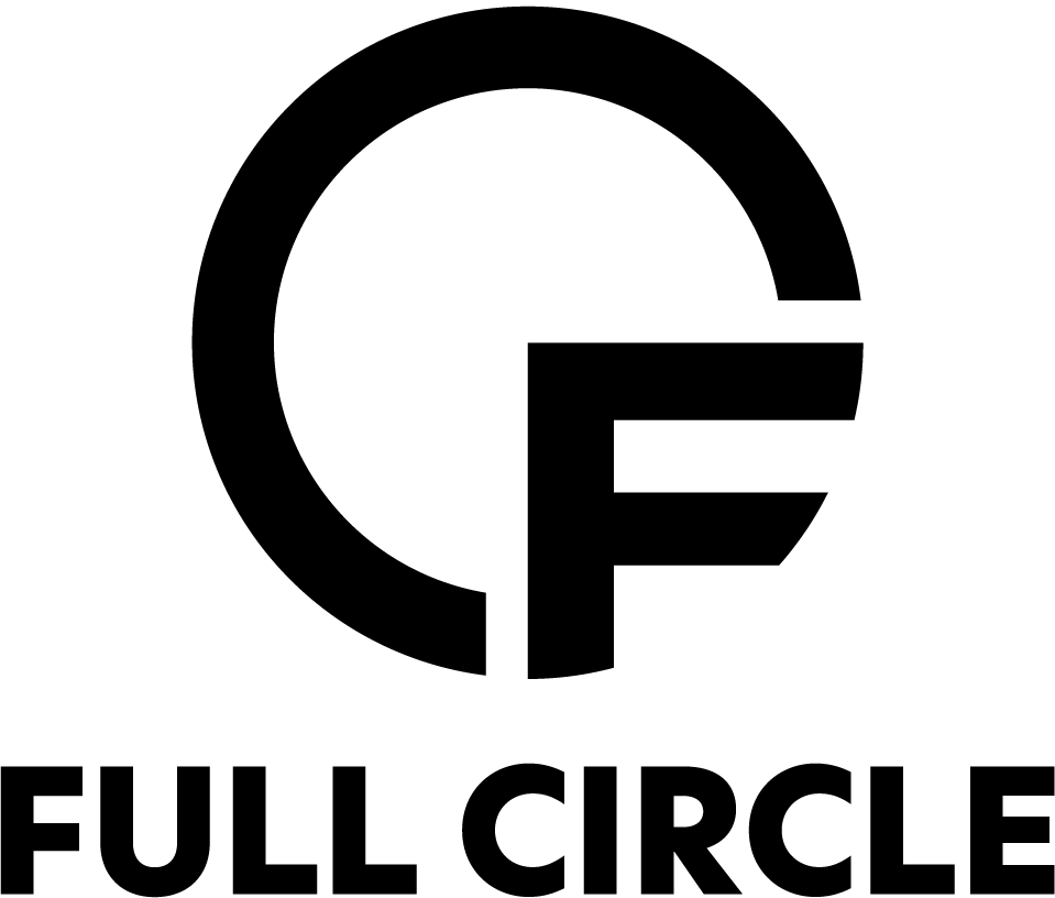 A black and white logo featuring a stylized "F" intersecting a circular shape above the bold text "FULL CIRCLE.