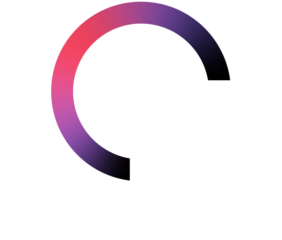 A thick, incomplete circular arc fades from pink to purple to black on a white background, forming roughly three-quarters of a ring with gaps at the top right and bottom left.