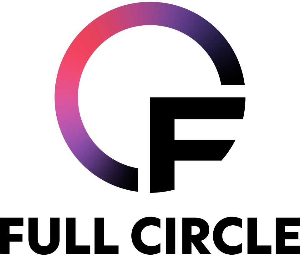 A stylized letter "F" combines with a gradient semicircle, creating a circular logo above the bold black text that reads "FULL CIRCLE.